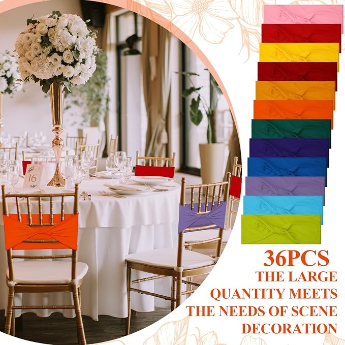 Mixweer 36 Pcs Multicolor Spandex Chair Sashes Bows Elastic Chair Bands Without Buckle Assorted Color Stretch Slider Covers Ties for Wedding Events Banquet Party Decoration, 5.12 x 13.78 Inch - Image 4