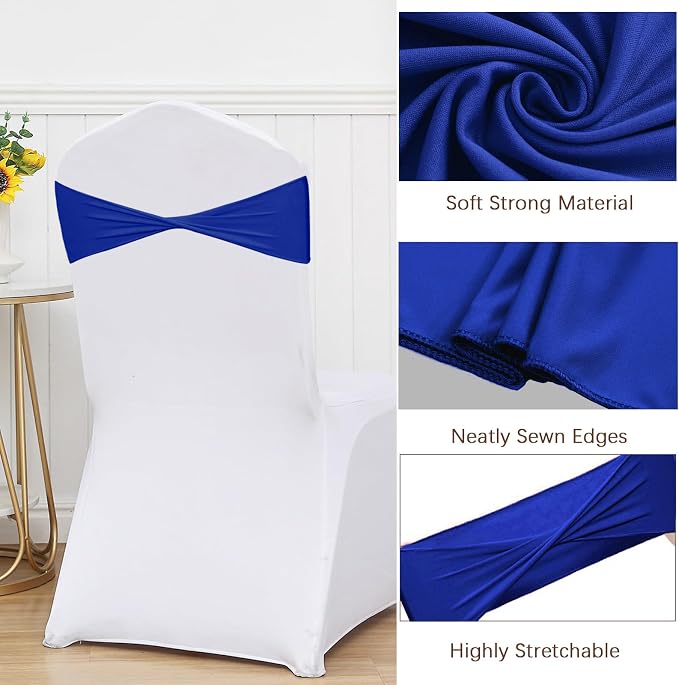 Royal Blue Chair Sashes Bows 50 Pack, Spandex Blue Chair Cover Bands Ties Without Buckle for Gender Reveal Baby Shower Decoration - Image 3