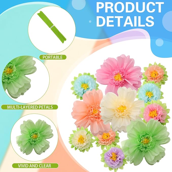 TaoBary Giant Tissue Paper Flowers, 20",10", Pastel Color, 12 Pcs | Complete 2 Size Set, Pre-folded for Easy Shaping, Mexican Paper Pom Poms, Lightweight for Fiesta and Birthday Wall Decor - Image 3