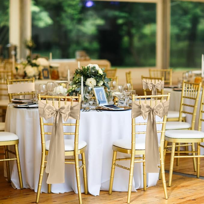 50 PCS Satin Chair Sashes Bows Universal Chair Ribbon Ties Back Sash for Wedding Party Reception Events Banquets Hotel Event Chair Cover Decoration (Champagne 7x108 inch) - Image 5