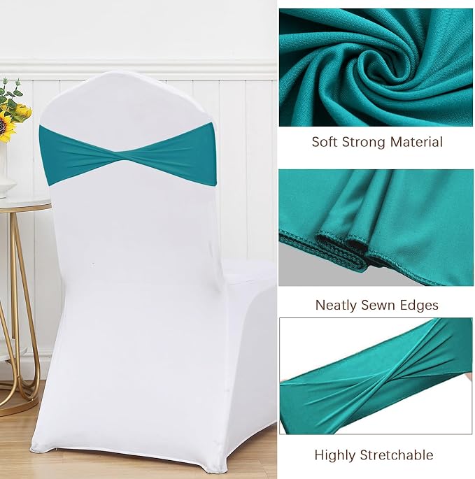 Turquoise Chair Sashes Bows 50 Pack, Spandex Blue Chair Cover Bands Ties Without Buckle for Gender Reveal Baby Shower Decoration - Image 3