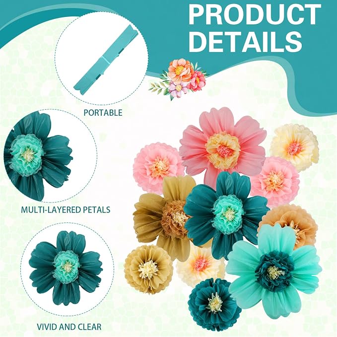 Crowye 12 Pcs Large Tissue Paper Flower Decor,10'' 20'',Stylish Color | Giant Craft Crepe Paper Flower, Colorful, for Wall Decorations Backdrop Mexican Wedding Birthday Carnival School Party - Image 4