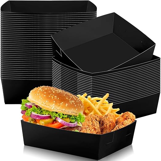 Uiifan 50 Pcs 5 lb Extra Large Paper Food Trays Disposable Food Boat Nacho Plate Serving Snack Trays Grease Resistant Self-assembly for Back to School Party Birthday Wedding Supply (Black) by Uiifan