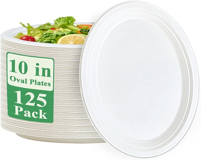 Vplus 100% Compostable Oval Paper Plates 10 inch 125 Pack, White | Super Strong, Disposable Paper Plates, Bagasse Natural Biodegradable, Sugarcane for BBQ, Party, Dinner, and Picnic by Vplus