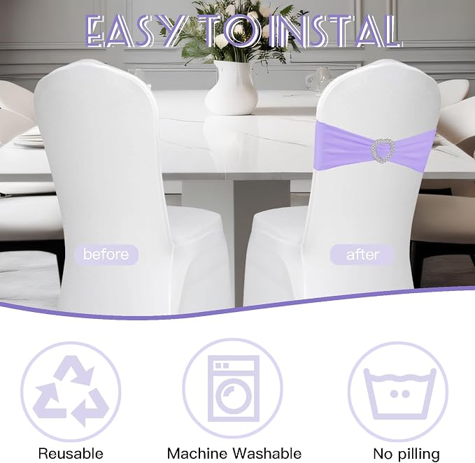 100PCS Spandex Chair Sashes Bows Universal Stretch Elastic Chair Cover Band Ties with Buckle Slider for Wedding Banquet Birthday Party Reception Event Decoration(Lavender) - Image 6