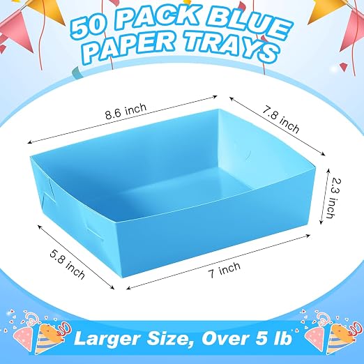 Uiifan 50 Pcs 5 lb Extra Large Paper Food Trays Disposable Food Boat Nacho Plate Serving Snack Trays Grease Resistant Self-assembly for Back to School Party Birthday Wedding Supply (Sky Blue) - Image 3