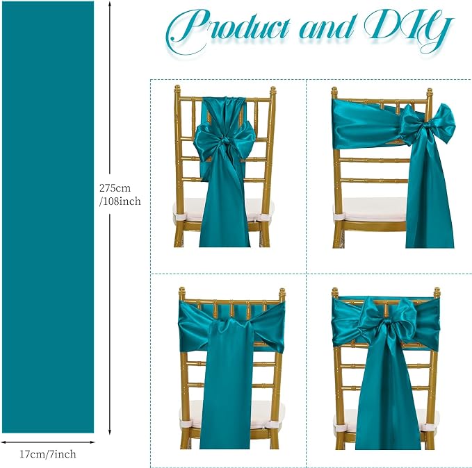 Showgeous 50 Pack Turquoise Satin Chair Sashes Bows,7x108 Inches | Silky satin finish, secure stitching, overlocked edges, flexible tie styling, reusable, machine washable - Image 7