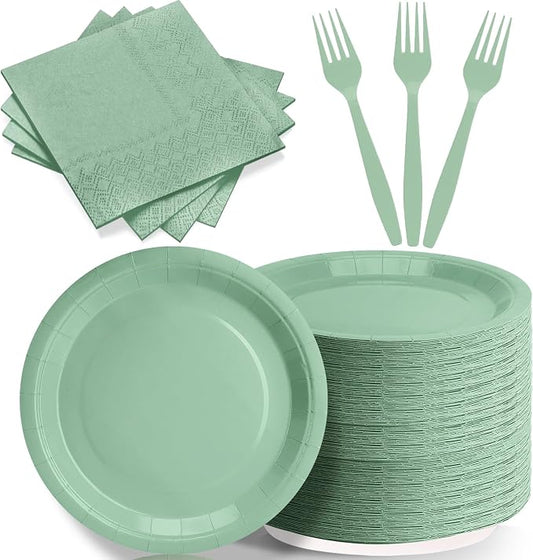 Sage Green Paper Plates Party Decorations, Include 7’’ Disposable Sage Green Paper Dessert Plate and Napkins Forks Party Supplies for Birthday, Baby Shower, Wedding, Picnics for Serves 50 by CENLBJ