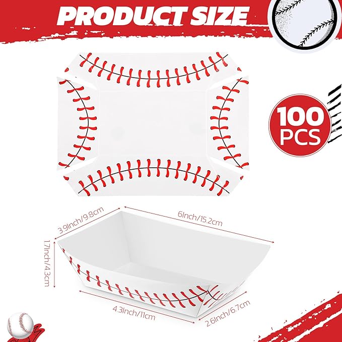 Roshtia 100 Pack Baseball Nacho Trays Paper Food Boats Disposable,2lb | Baseball Birthday Party Supplies, Red Stitching Design, Boat Shape for Hot Dogs Nachos, Decorations Game Day Celebrations - Image 2