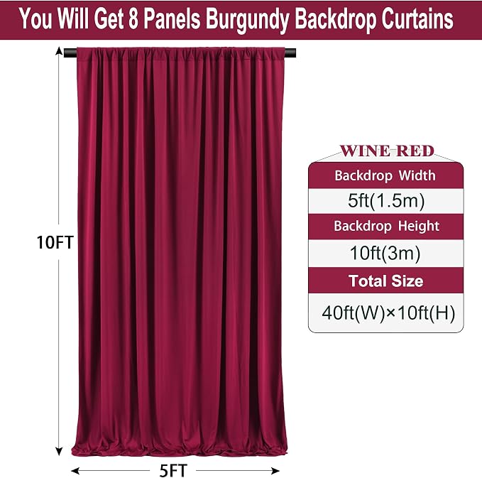 40ft×10ft Wrinkle Free Burgundy Backdrop Curtain for Parties, 8 Panels 5×10ft Soft Silky Polyester Wine Red Photo Backdrop Drapes for Wedding Birthday Christmas Photography Back Drop Cloth - Image 3