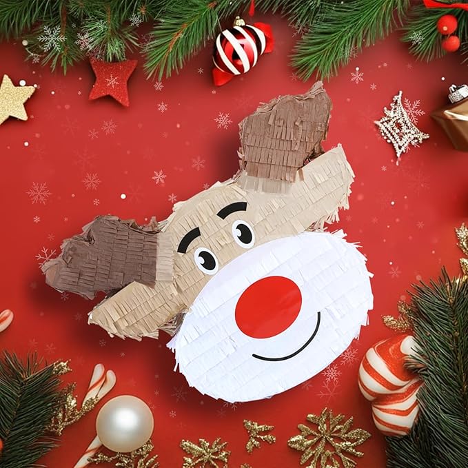 Christmas Reindeer Pinatas Bundle with a Blindfold and Bat (Small Size 16.5 x 12 x4 Inches), Holiday Theme Piñata, Christmas Party Supplies, Xmas Piñata, Party Decoration Games
