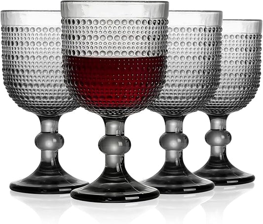 Gray Wine Glasses Set of 4, 12oz Vintage Goblet Glasses, Embossed Glass Cups Hobnail Glassware for Weddings, Dinners, and Holiday Gifting