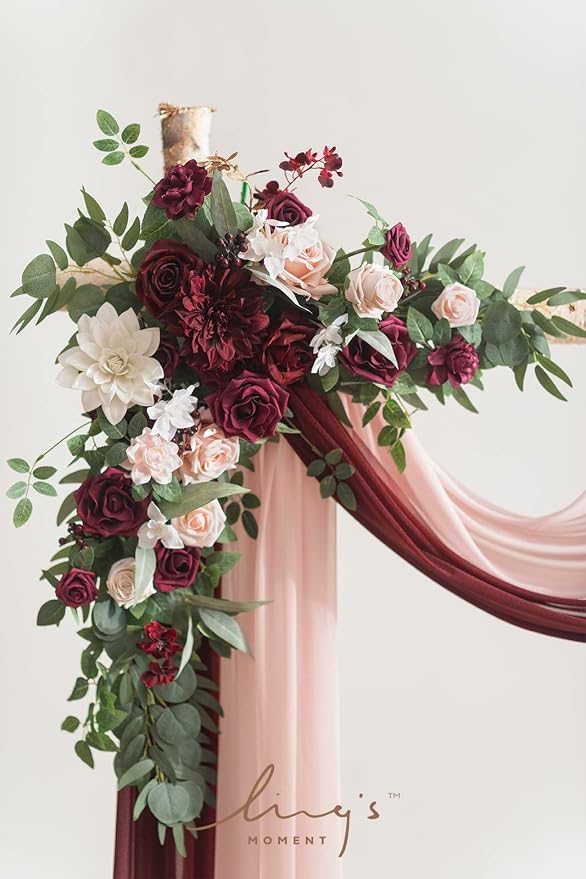 Ling's moment Red Pink Blush Artificial Wedding Arch Flowers Kit Pack of 4, 2pcs Hanging Flower Arrangement 2pcs Chiffon Drapes Ceremony Reception Fake Rose Arbor Backdrop Floral Party Outdoor Decor | Pack of 4, 2pcs Hanging Flower Arrangement, 2pcs Ch... - Image 3