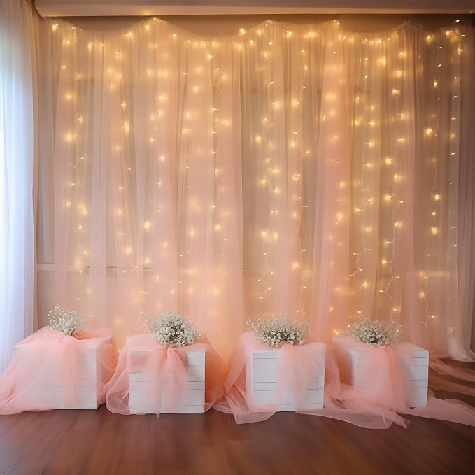 10ft x 8ft Peach Backdrop Curtain with Lights String for Parties, Sheer Tulle Wedding Photo Backdrops Drapes for Baby Shower Birthday Party Decorations Background for Photography - Image 6