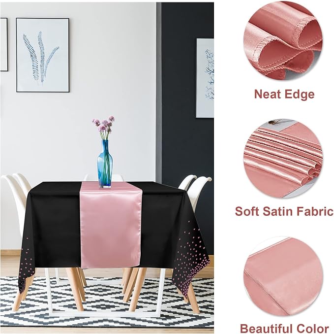 16Pack Disposable Plastic Tablecloths and Satin Table Runner Set Black and Rose Gold Dot Tablecloth Gold Satin Table Runner for Wedding Birthday Baby Shower Anniversary Christmas New Year Party Supply - Image 3