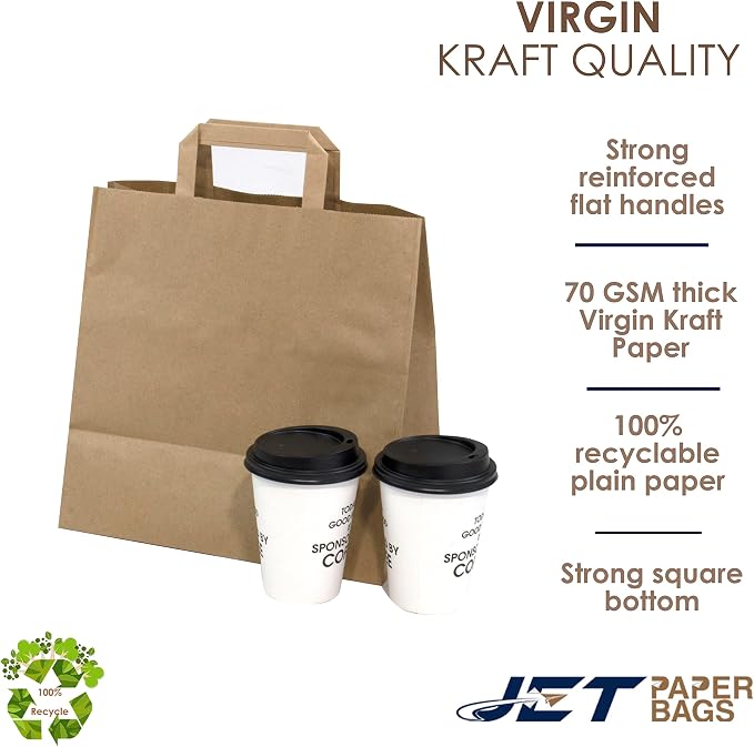 JET PAPER BAGS - 11”x6”x11.5” (50 Pcs) Brown Paper Bags with Flat Handles - Ideal for DIY, Takeout, Grocery, Goody, Retail, Party, Craft, Gifts, Weddings - Recyclable - Image 3