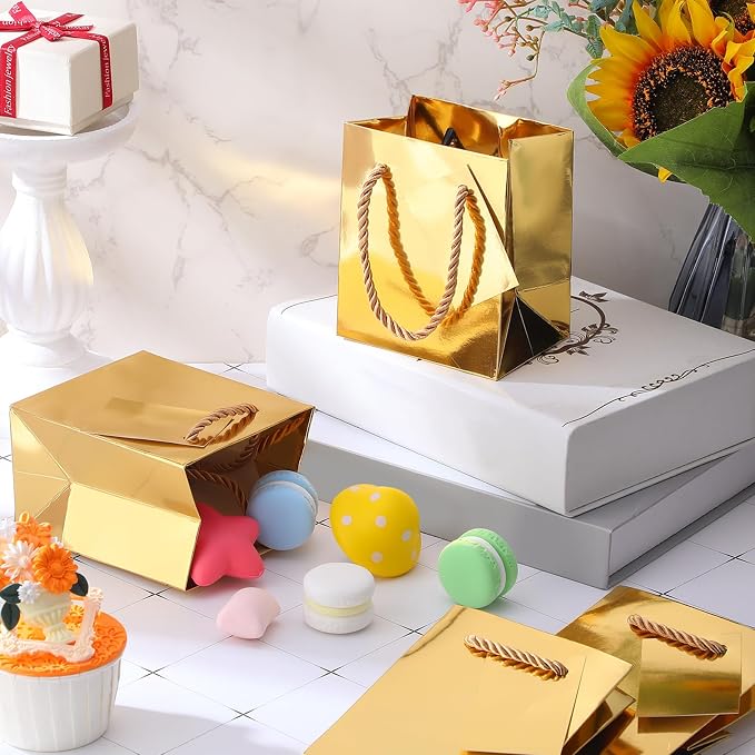 Sherr 100 Pcs Gold Mini Paper Gift Bags with Handles, White Tags | 4x2.75x4.5 in White Paper Bags, Thank You Tags, Party Favors, Wedding, Small Business Packaging, Easter Spring Gifts - Image 6