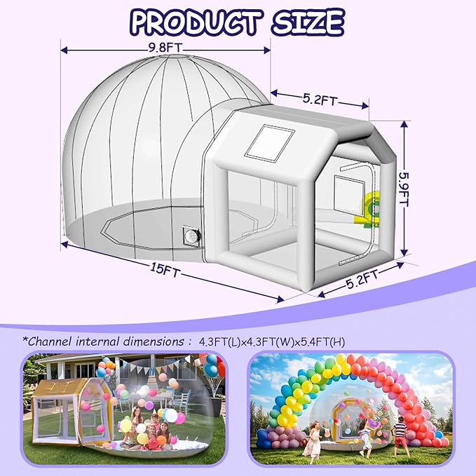 10ft Inflatable Bubble House Dome with Tunnel for Kids, Clear TPU Balloon Tent for Parties, Includes 450W Air Blower & 600W Air Pump
