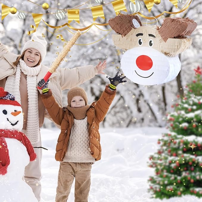 Christmas Reindeer Pinatas Bundle with a Blindfold and Bat (Small Size 16.5 x 12 x4 Inches), Holiday Theme Piñata, Christmas Party Supplies, Xmas Piñata, Party Decoration Games