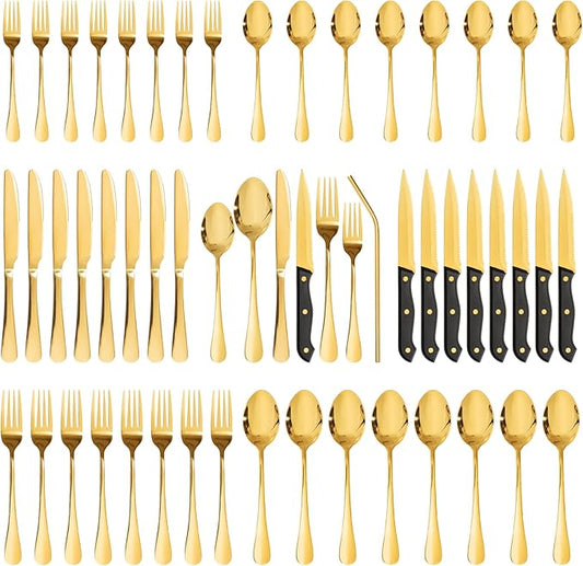 Astercook Silverware Set 48-Piece Gold Flatware Set with Steak Knives Food-Grade Stainless Steel Cutlery Set for 8 Mirror Polished Utensils Set Include Spoons and Forks for Home Kitchen Restaurant