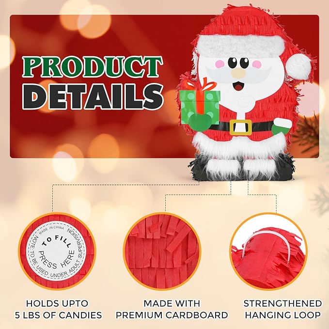 Christmas Santa Claus Pinatas Bundle with a Blindfold and Bat (Small Size 17x12.5x4 Inches), Holiday Theme Piñata, Christmas Party Supplies, Xmas Piñata, Party Decoration Games