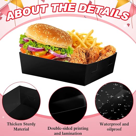 Uiifan 50 Pcs 5 lb Extra Large Paper Food Trays Disposable Food Boat Nacho Plate Serving Snack Trays Grease Resistant Self-assembly for Back to School Party Birthday Wedding Supply (Black) - Image 4