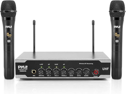Pyle Portable Uhf Wireless Microphone System - Battery Operated Dual Bluetooth Cordless Microphone Set, Includes 2 Handheld Transmitter mic, Receiver Base, Aux, RCA, for PA Karaoke DJ Party -PDWM2125