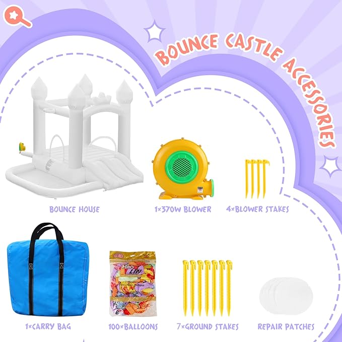 White Bounce House, Inflatable Bounce Castle with Double Slide Ball Pit 370W Blower Bouncer for Toddler, Bounce House Bouncy Castle for Indoor Outdoor Backyard Wedding Kids Birthday Party