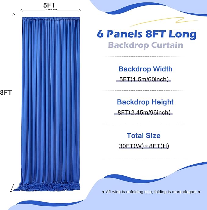 30ft×8ft Wrinkle Free Royal Blue Backdrop Curtain for Parties, 6 Panels 5×8ft Soft Silky Polyester Blue Photo Backdrop Drapes for Boss Baby Birthday Party Wedding Photography Background - Image 5