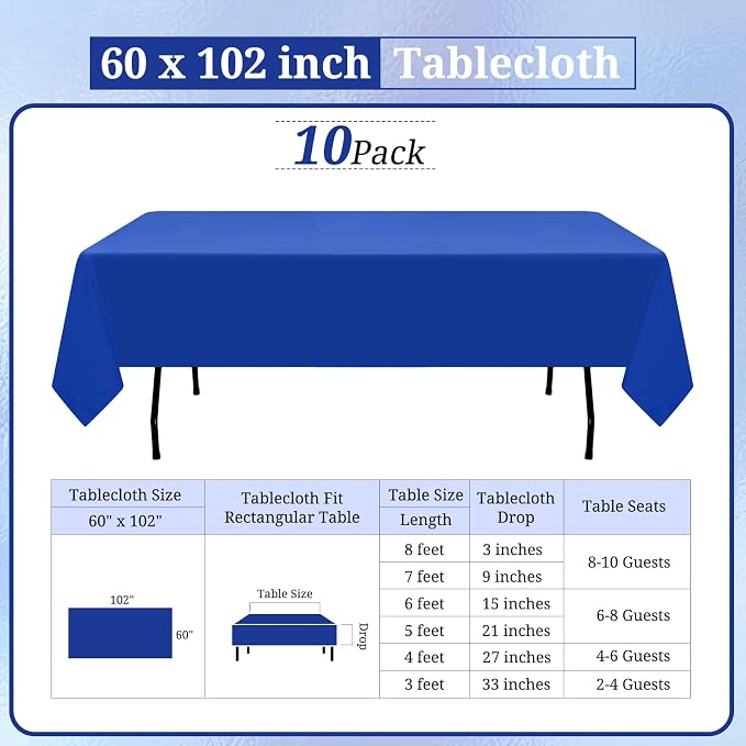10 Pack Royal Blue Tablecloths for 6ft Tables-60 x 102 Inch | Polyester Table Cover, Stain and Wrinkle Resistant Washable Fabric Table Cloth, Perfect for Wedding Banquet Parties - Image 2
