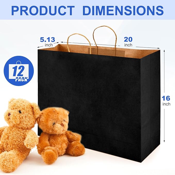 Maitys 12 Pcs 20x16x5 Inch Extra Large Paper Gift Bags with Handles, Black | Kraft Bags for Small Business, Merchandise, Gifts, Shopping, Retail Stores, Birthday Party, Hold Candies, Toys, Gifts, Etc - Image 2