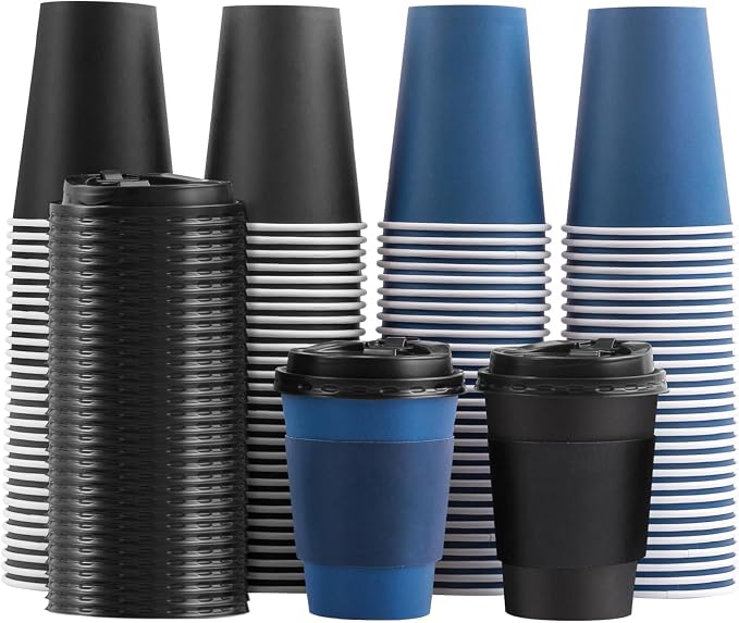 SIUQ 100 Pack 12 oz Coffee Cups with Lids, Disposable Hot Paper Coffee Cups | Black & Blue To Go Paper Cups with Lids and Sleeves for Thanksgiving, Party, Home, Shop, Office, Christmas, Travel and Events by SIUQ