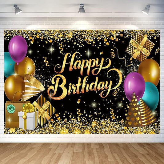 Black and Gold Birthday Party Backdrop Glitter Black Gold Balloon Happy Birthday Banner Luxurious Photography Background for Home Decorations Party Supplies 70.8 x 47.2 Inch