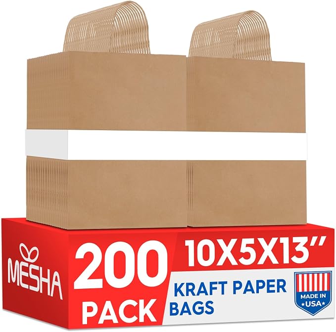 MESHA Brown Paper Bags 10x5x13 200Pcs Medium Gift Bags with Handles Bulk | Kraft Paper Bag for Small Business,Birthday Wedding Party Favor Bag, Shopping by MESHA