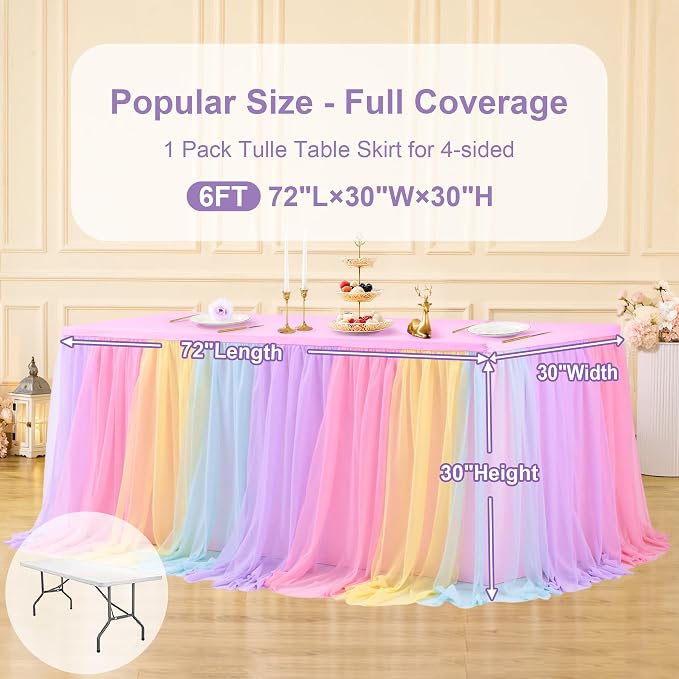Rainbow Tablecloth for 6 Foot Rectangle Tables with Tulle Table Skirt | Stretch Spandex Fitted Table Cover,One-Piece Design,Non-slip Elastic Wedding Table Cloths for Party Baby Shower Cake Display - Image 3