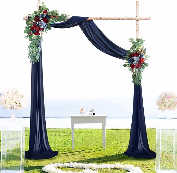 ponatia Burgundy & Navy Blue Artificial Wedding Arch Floral Swags Kit | Wedding Flowers Pack of 3, with 26Ft Shiny Arch Drapery Fabric for Wedding Ceremony & Reception Backdrop Decorations by ponatia
