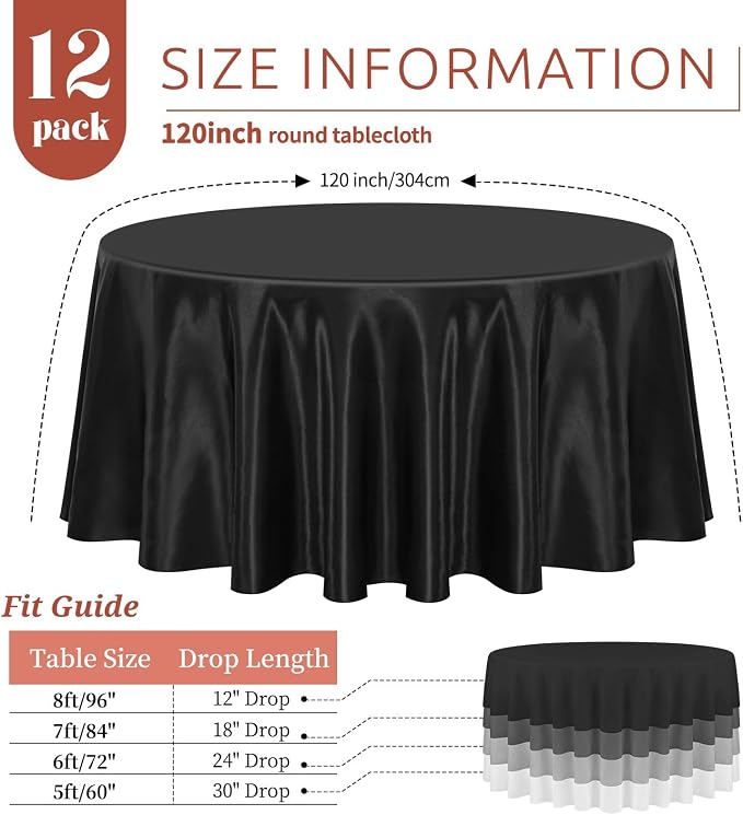12 Pack 120 Inch Round Satin Tablecloth, Black - Image 2