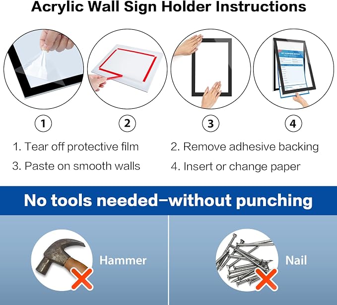 8.5" x 11" Acrylic Sign Holder Wall Mount, Self Adhesive Magnetic Display Frame with Nano Tape and Strong Magnetic Frames for Wall, Door, Glass, Home, Store, Office (Black, 3Pack) - Image 8
