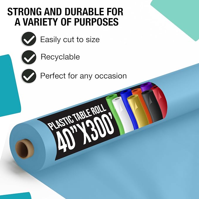 Exquisite Party Solids Sky Blue Plastic Table Cover Roll 4 Pack 40" X 300' Table Cloth Plastic Cover Roll - Premium Quality Thick 0.5 MIL Banquet Rolls - Disposable Tablecloth Rolls - Image 2