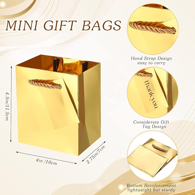 Sherr 100 Pcs Gold Mini Paper Gift Bags with Handles, White Tags | 4x2.75x4.5 in White Paper Bags, Thank You Tags, Party Favors, Wedding, Small Business Packaging, Easter Spring Gifts - Image 3