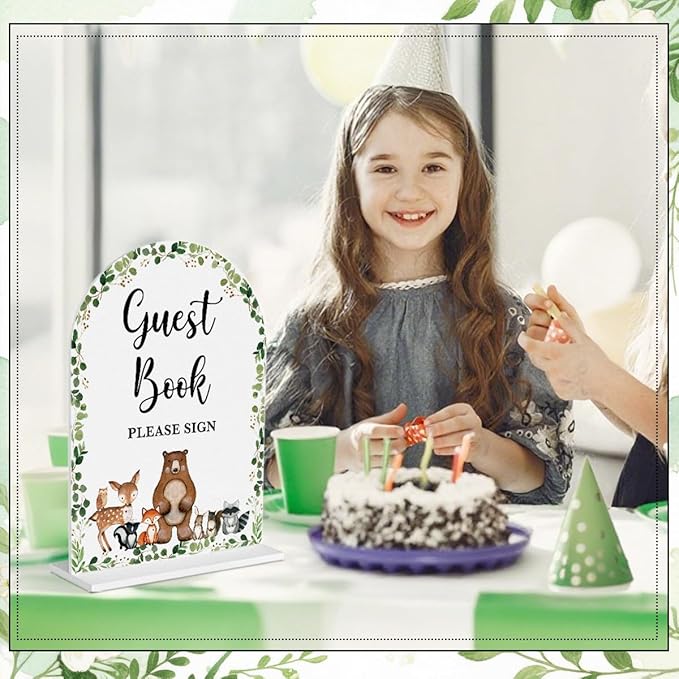 6 Pcs Woodland Baby in Bloom Shower Decorations, Baby Shower Sign, Newborn Gifts, Cards and Gifts Signs, Modern Arched Acrylic Table Top Signs With Stand for Birthday Party Decorations (White)