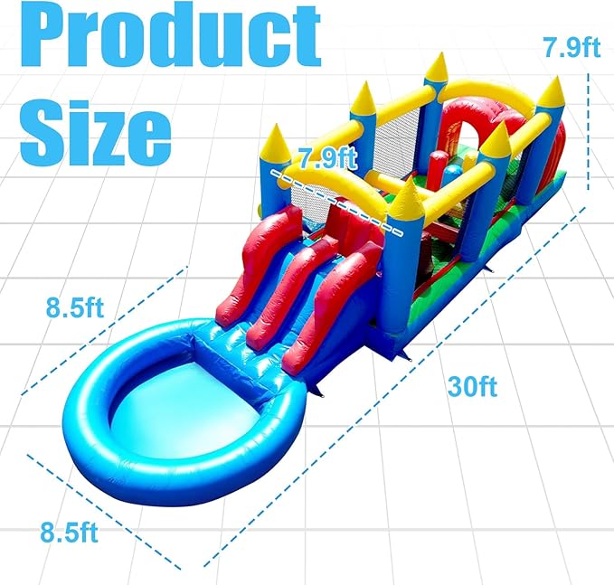 30FT Commercial Grade Bounce House for Adult, (Heavy Duty PVC) (Splash Big Water Pool) (1100W UL Blower) Inflatable Obstacle Course with Slide, Ball Pit, Large Backyard Lawn Party Game