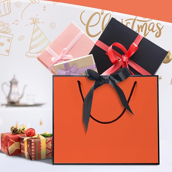 50 Pack Gift Bag with Bow Ribbon Horizontal Paper Gift Bags Bulk for Women Men, Birthday Wedding Bridesmaid Party Favor Shopping Retail Gift Sacks (Orange, 12.6x4.3x10.5 Inch (Pack of 50)) - Image 5
