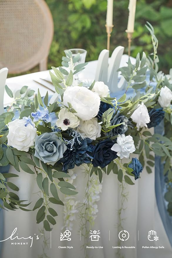 Ling's moment Dusty Blue Artificial Flower Garland Wedding Arch 9 FT | White Rose & Eucalyptus , Greenery, Sweetheart Table Decor, Floral Garland for Mantle, Centerpieces, Backdrop - Image 4