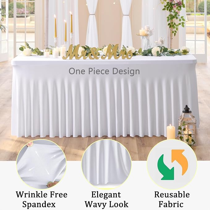 5Pack Spandex White Tablecloth for 6 Foot Rectangle Tables, Wrinkle Free Stretch Table Cloths 6ft Fitted Table Cover Desk Skirt for Parties Weddings Birthday Banquet Baby Shower - Image 3