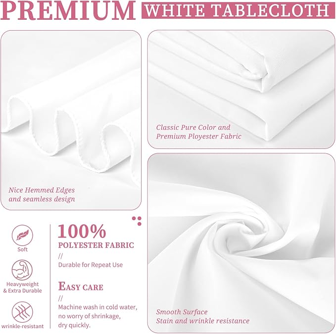 Showgeous 4 Pack White Polyester 90x132 Inch Tablecloths | Soft polyester, wrinkle resistant, fade resistant, smooth finish, fine stitching, folded hems, reusable, machine washable - Image 4
