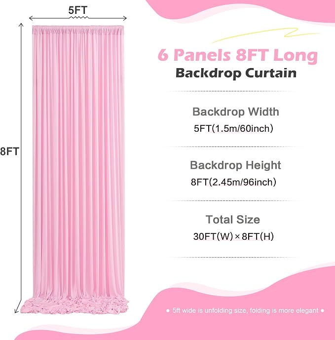 30ft x 8ft Wrinkle Free Pink Backdrop Curtain for Parties, 6 Panels 5×8ft Silky Polyester Light Pink Photo Backdrop Drapes Back Drop Cloth for Girl Party Birthday Wedding Gender Reveal Photography - Image 2