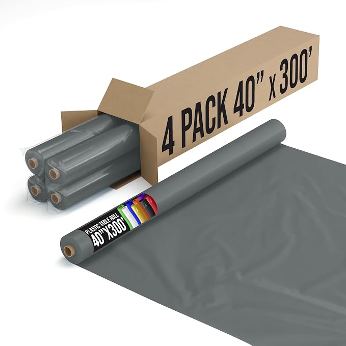 Exquisite Party Solids Silver Plastic Table Cover Roll, Pack of 4-40" X 300' Table Cloth Plastic Cover Roll - Premium Quality Thick 0.5 MIL Banquet Rolls - Disposable Tablecloth Rolls by Exquisite