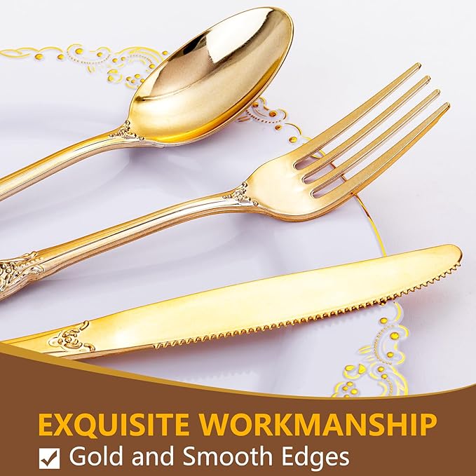 150 Pieces Gold Plastic Silverware - Heavy Duty Gold Disposable Utensils - Fancy Plastic Cutlery Set Includes 50 Forks, 50 Spoons, 50 Knives for Holidays Parties Weddings