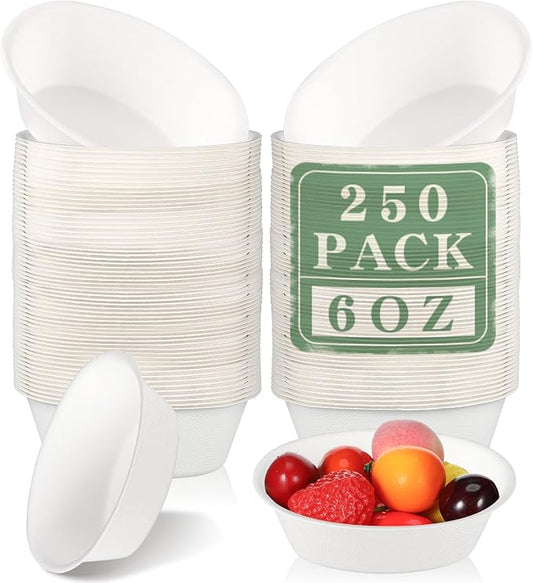 Dandat 6 oz Disposable Paper Bowls Bulk Small Bagasse Dessert Bowls for Ice Cream Soup Salad Pasta Party Supplies Picnic Banquet Barbecues Pet Food(White,250 Pcs) by Dandat